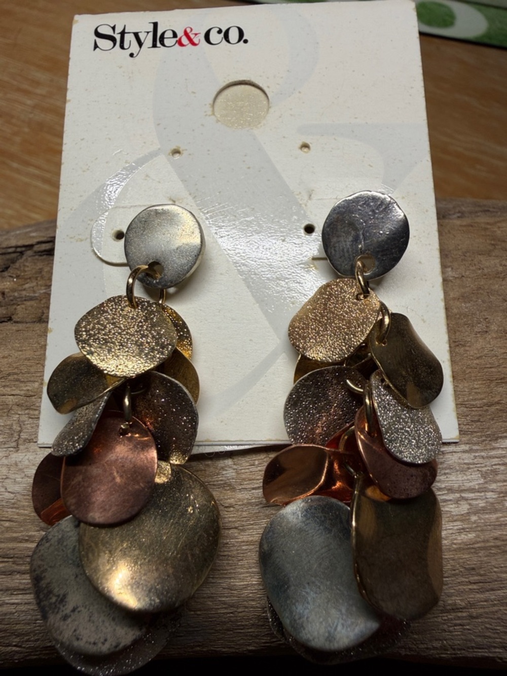 NWT Style & Co. Multitone Layered Disc Drop Earrings in Gold, Silver & Bronze